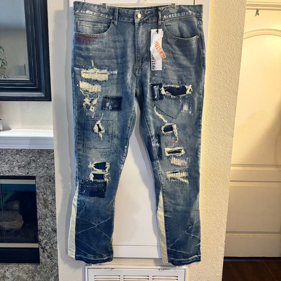 NWT First Row Vandalize Ripped And Stitched Straight Slim Men’s Jeans Size 38/32 - Picture 4 of 15